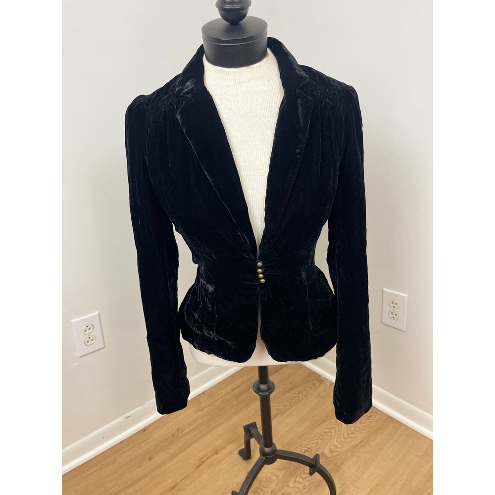 Victorian Gothic Velvet Blazer Women 6 Black Brass Button Peplum Whimsigoth